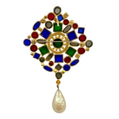 Butler & Wilson Poured Glass Jewel Tone Brooch with Pearl Drop, 1990s
