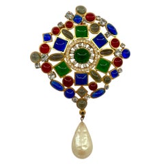 Butler & Wilson Poured Glass Jewel Tone Brooch with Pearl Drop, 1990s