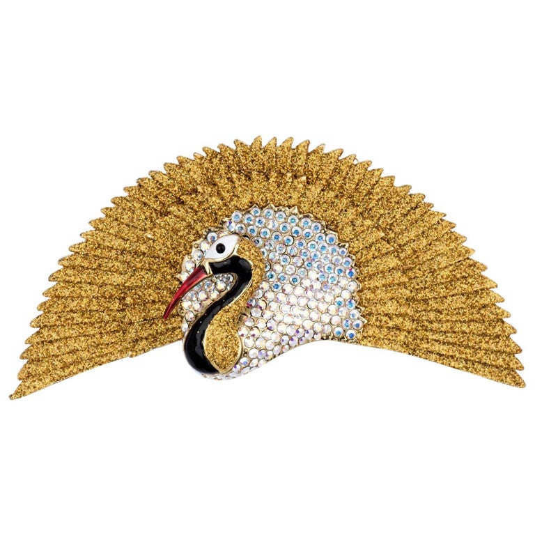 Butler and Wilson Signed BW Gold Glitter Diamanté Bird Fan Tail