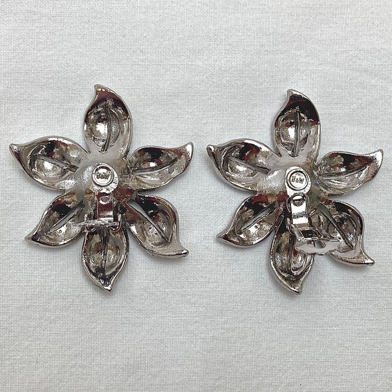 Round Cut Butler & Wilson Silver Tone and Crystal Flower Design Clip On Statement Earrings For Sale