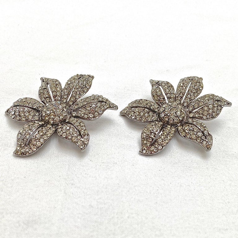 Women's or Men's Butler & Wilson Silver Tone and Crystal Flower Design Clip On Statement Earrings For Sale