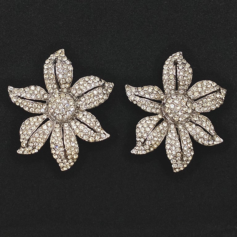 Butler & Wilson Silver Tone and Crystal Flower Design Clip On Statement Earrings For Sale 2