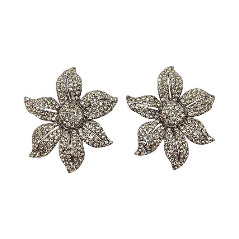 Butler & Wilson Silver Tone and Crystal Flower Design Clip On Statement Earrings For Sale