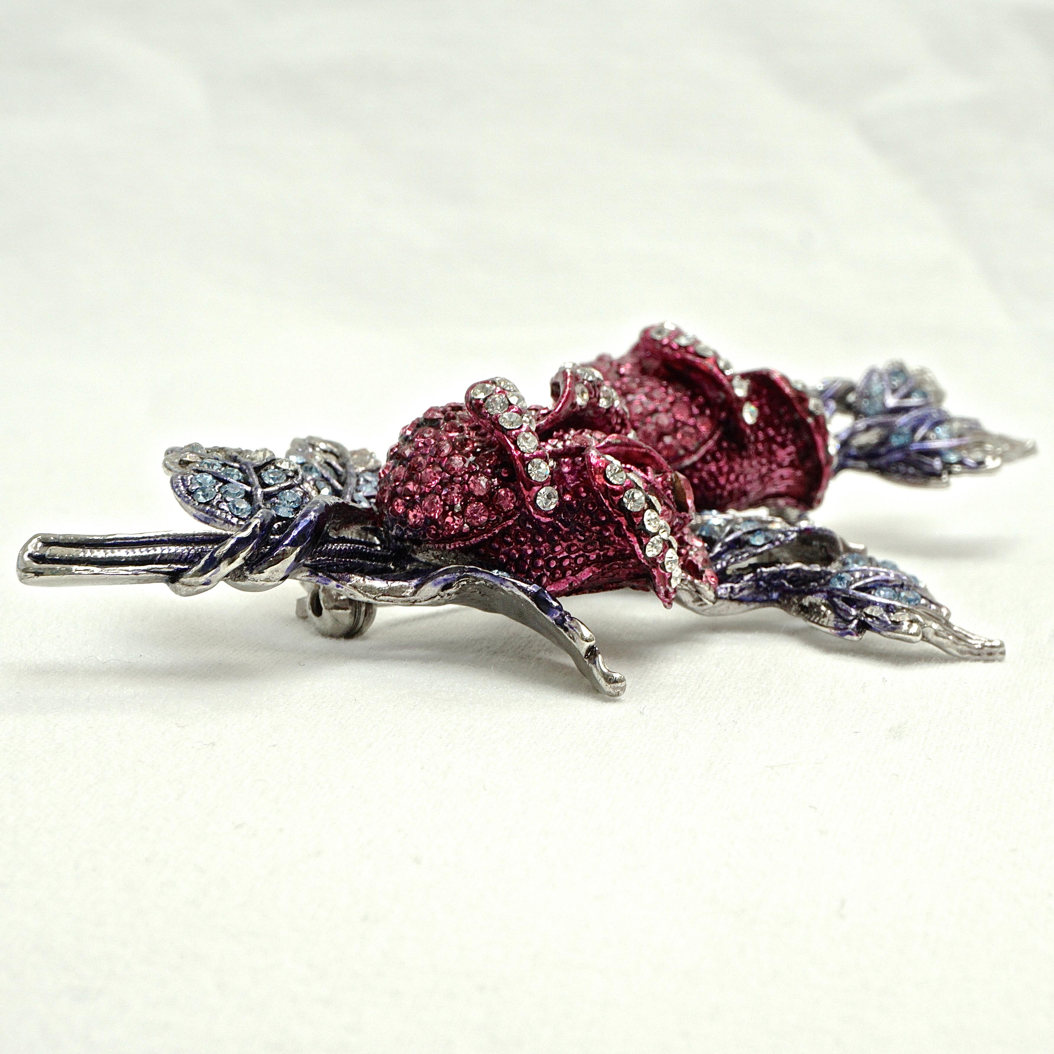 Round Cut Butler & Wilson Silver Tone Rosebud Brooch with Clear, Pink and Blue Crystals  For Sale