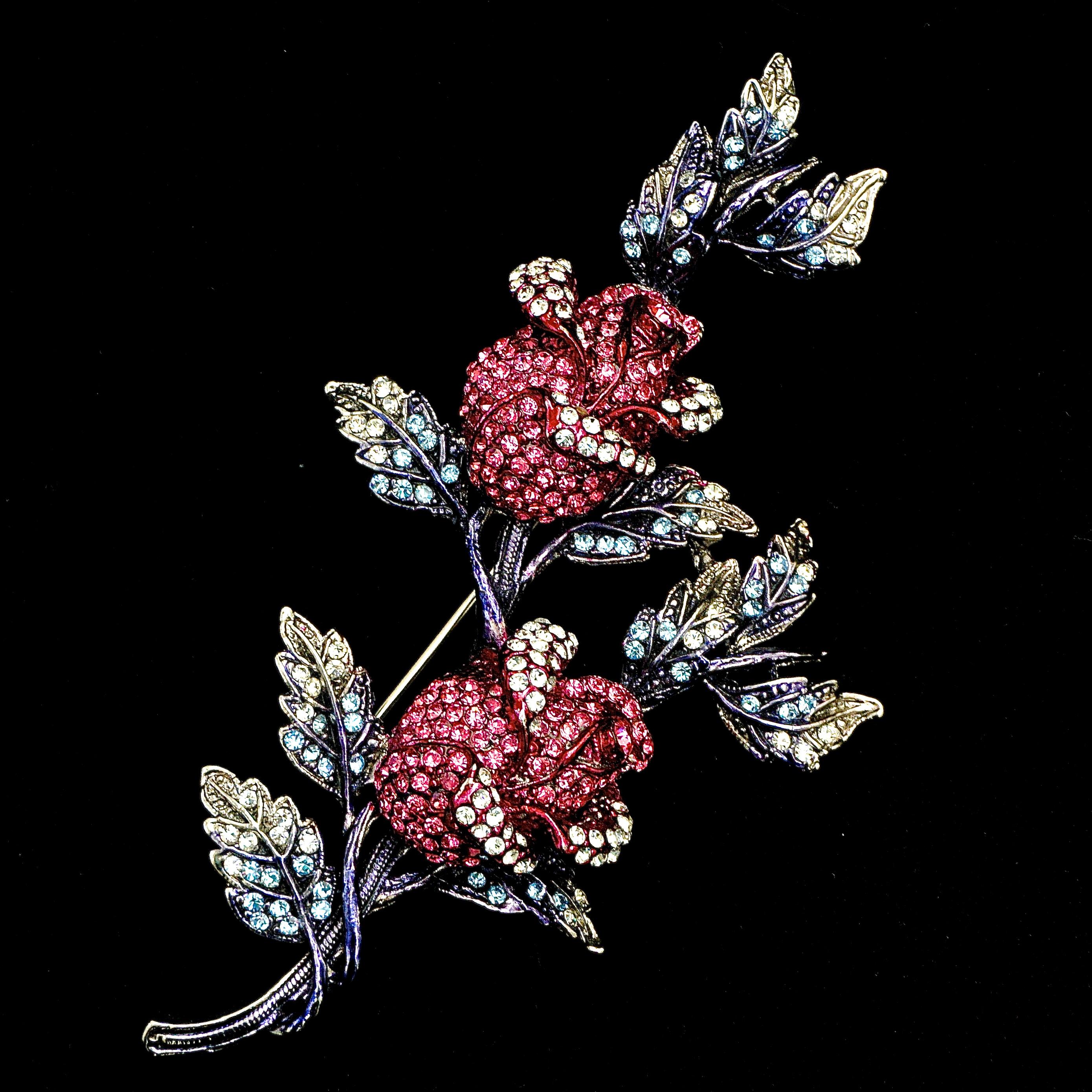 Butler & Wilson Silver Tone Rosebud Brooch with Clear, Pink and Blue Crystals  For Sale 1