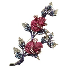 Butler & Wilson Silver Tone Rosebud Brooch with Clear, Pink and Blue Crystals