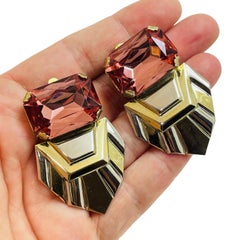 BUTLER & WILSON vintage signed gold pink designer runway clip on earrings