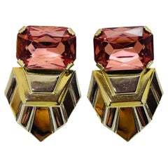 BUTLER & WILSON vintage signed gold pink designer runway clip on earrings