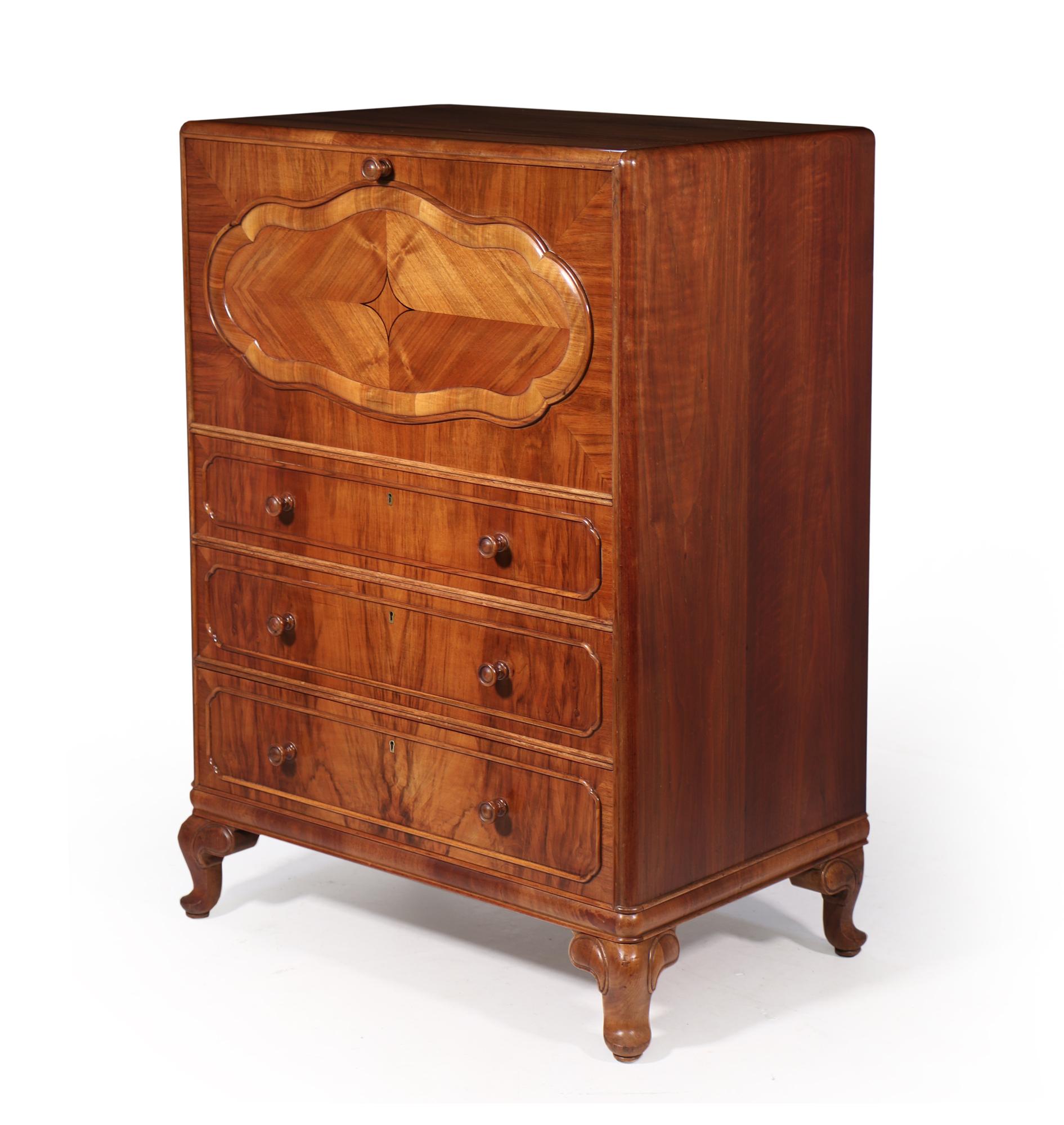 A lovely little 1920’s chest of three drawers with large opening fall, exceptional quality as to be expected from Scottish cabinet makers Wylie and Lochhead, the chest has been restored where necessary and fully polished by hand and in excellent