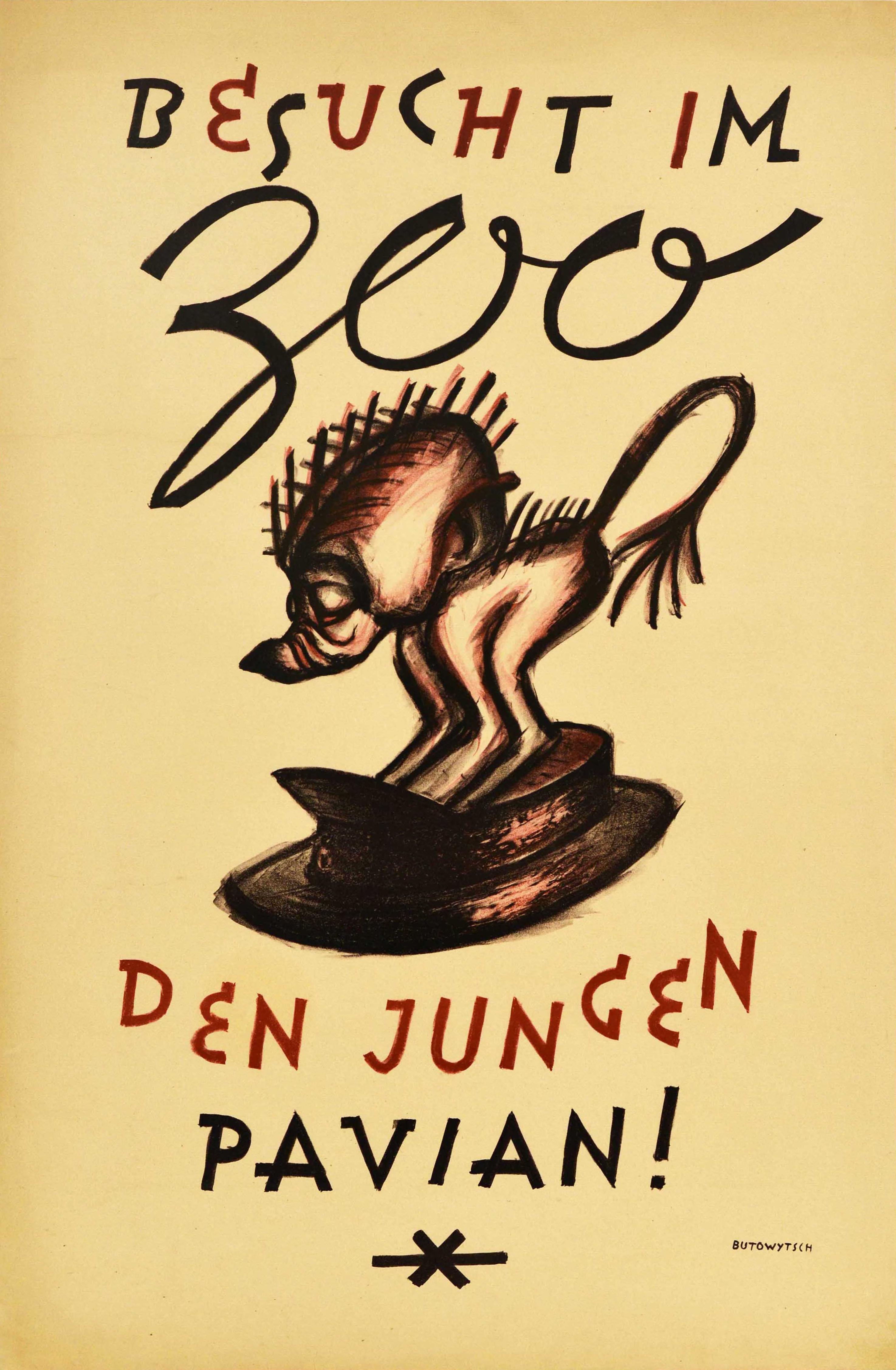 Butowytsch Print – Original Vintage-Reiseplakat „ Visit Zoo Young Baboon Infant Pavian“, Deutschland, Kunst