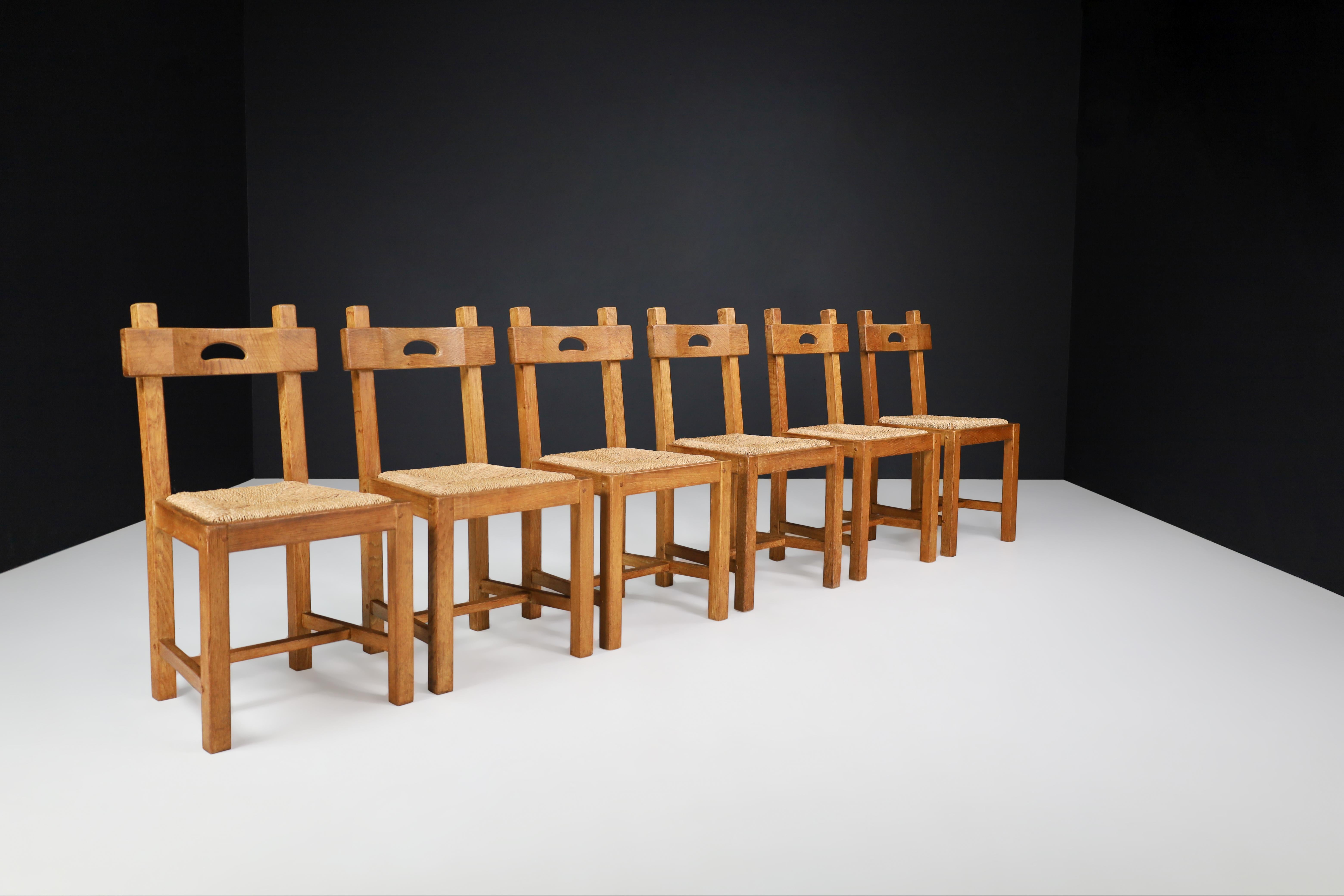Brutalist Butralist Dining Chairs in Oak and Rush, France, 1960s For Sale