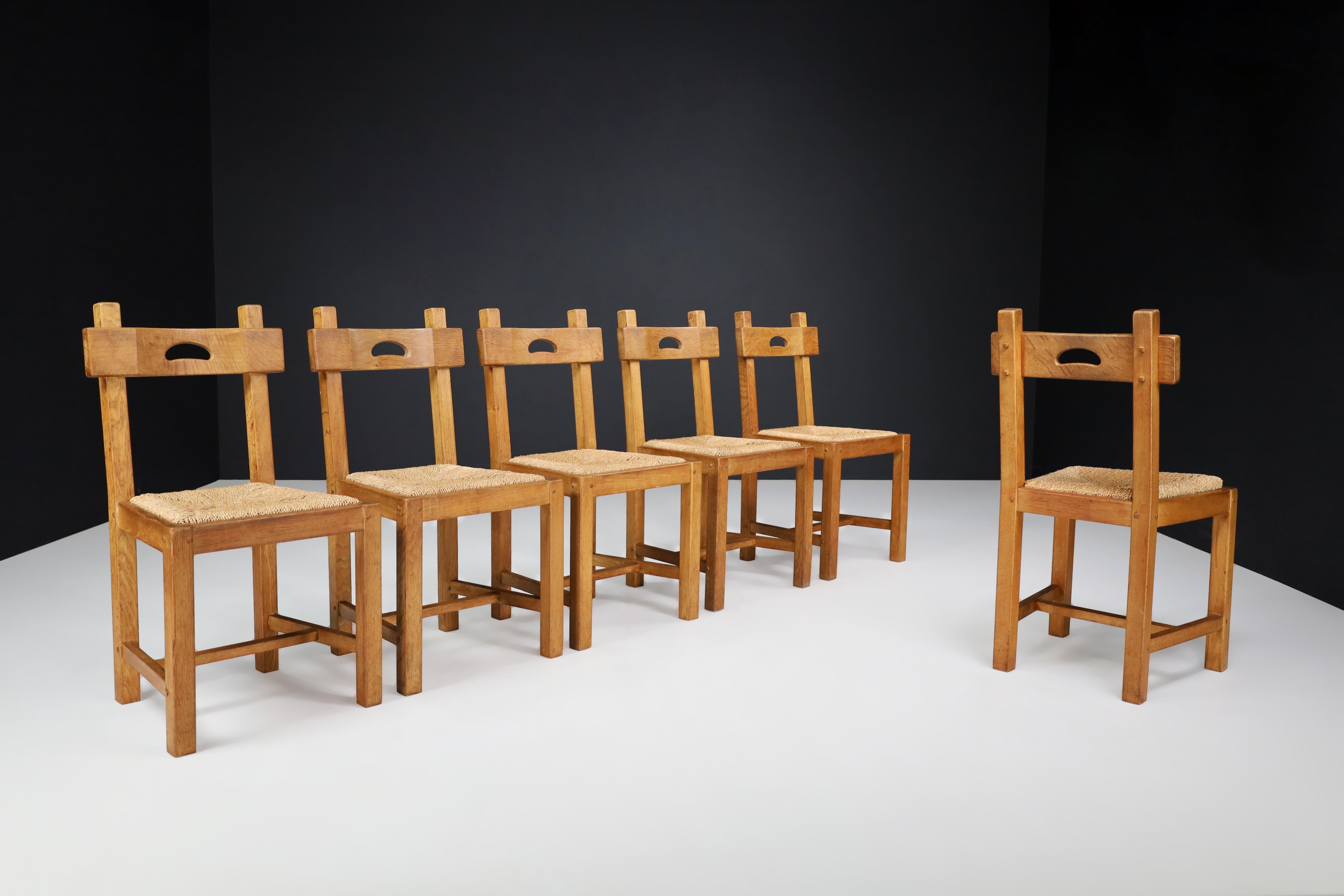 20th Century Butralist Dining Chairs in Oak and Rush, France, 1960s For Sale