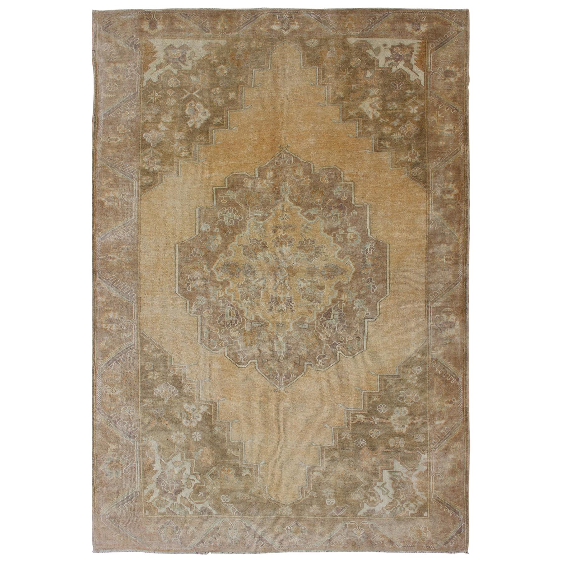 Butter, Yellow Green and Taupe Turkish Oushak Vintage Rug with Central Medallion