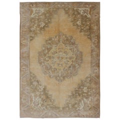 Butter, Yellow Green and Taupe Turkish Oushak Vintage Rug with Central Medallion