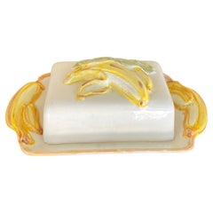Vintage Butter Dish, Ceramic in the Style of Majolica, Yellow Color, Portugal circa 1970