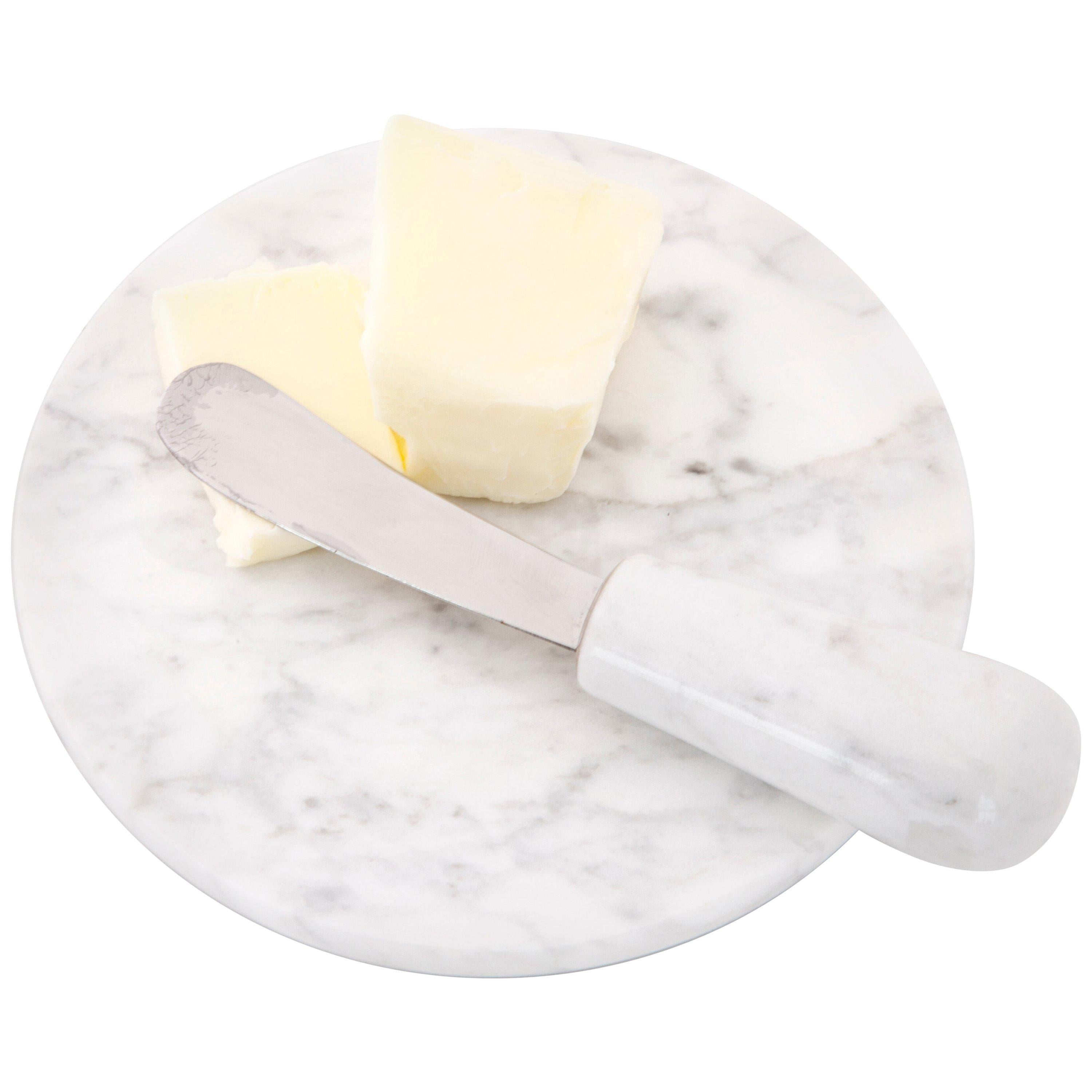 Handgefertigtes Buttermesser und Teller aus weißem Carrara-Marmor