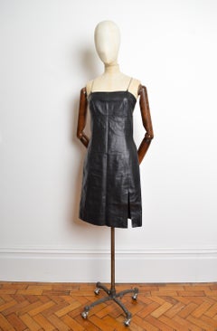 Butter soft leather 1990's Donatella Versace Chain strap Black slip dress - LBD
