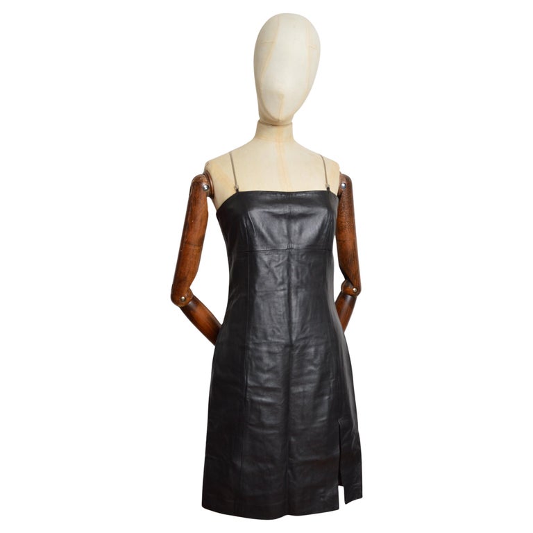 knee length dresses for ladies 2001 Vintage Versace Couture Documented Runway Black Sheer Silk & Leather  Bias-Cut Gown main image 1