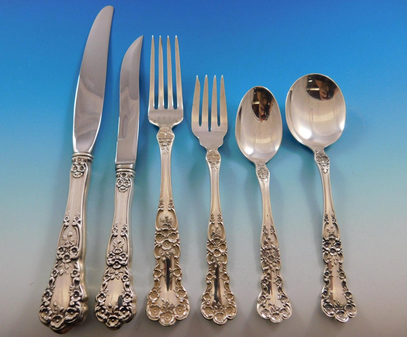 Superb dinner size buttercup by Gorham sterling silver flatware set, 84 pieces. This set includes:

12 dinner size knives, 9 3/4