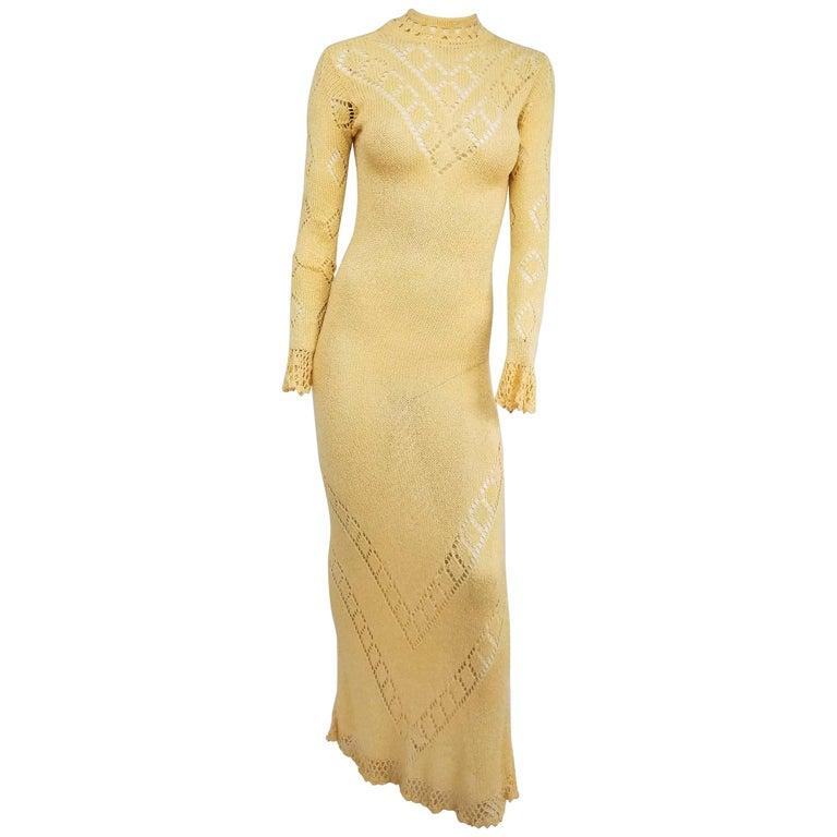 Buttercup Yellow Crochet Maxi Dress with Sexy Back Keyhole, 1970s  In Good Condition In San Francisco, CA