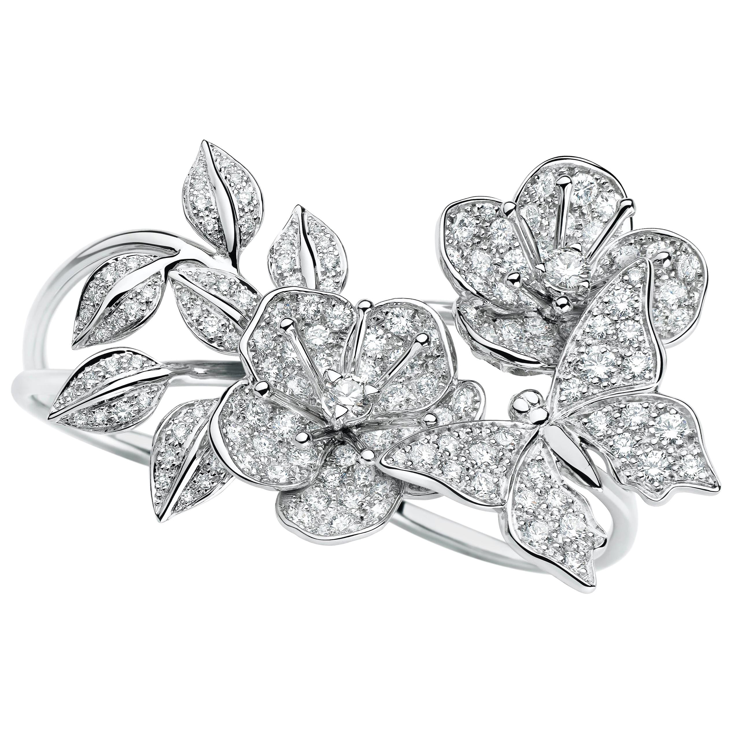 Butterflies and Blossom Ring in Diamonds and 18K White Gold by Édéenne, Paris For Sale