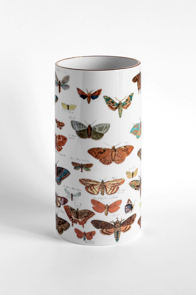 Display this butterfly porcelain vase on its own or add flowers to give the decor element some life. The design reminds of illustrations from an antique Lepidopterology book and makes the vase the ideal decor piece to fill empty spaces in a bookcase