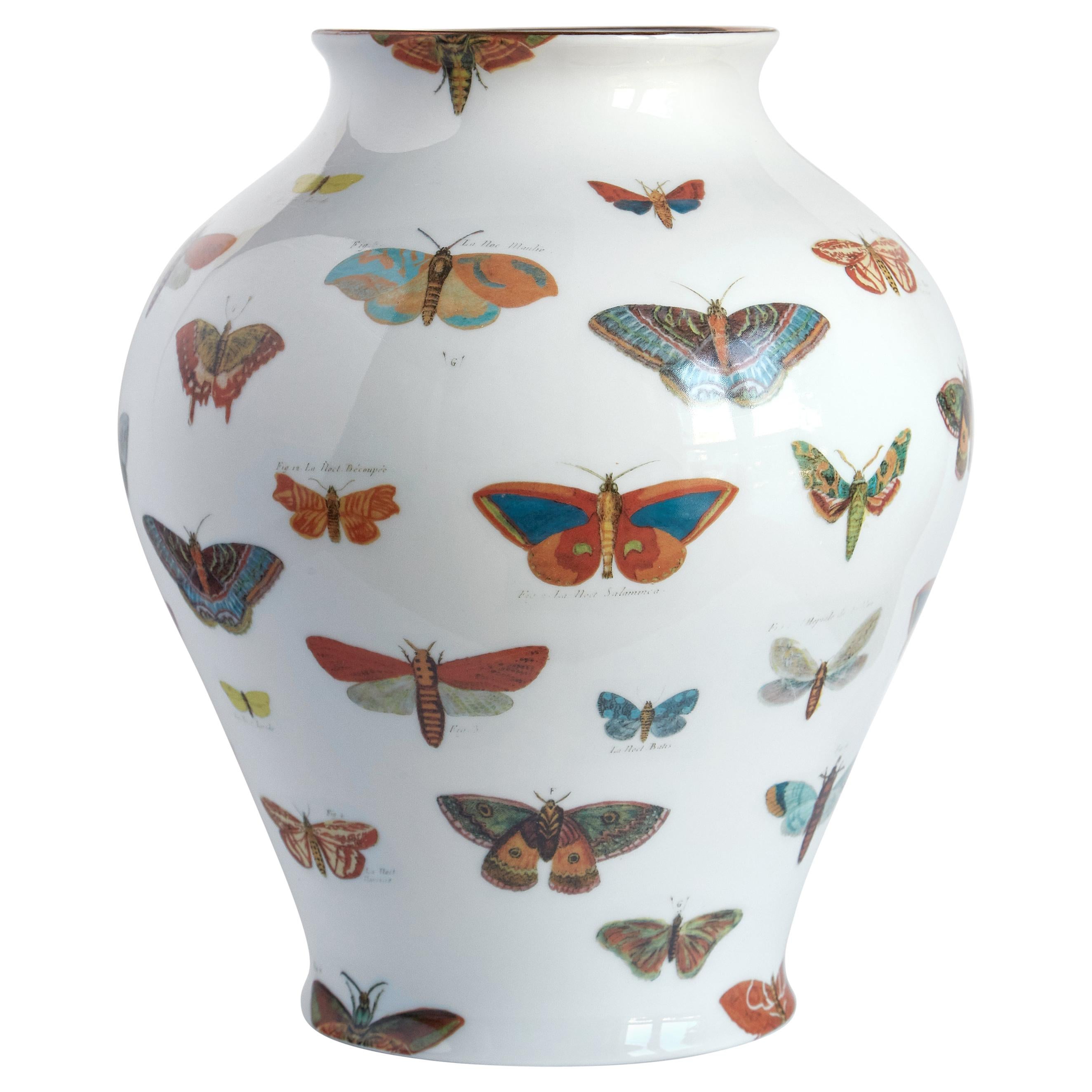 Butterflies, Contemporary Porcelain Vase with Decorative Design by Vito Nesta