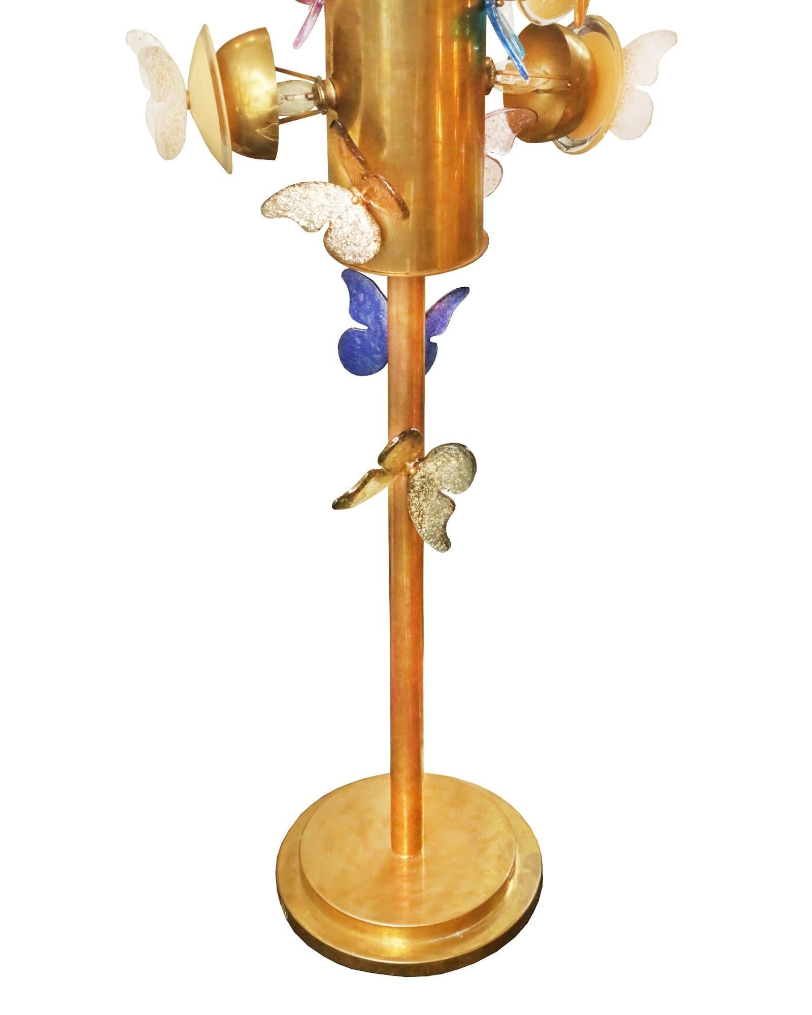 Late 20th Century Butterflies Murano Floor Lamp in Solid Brass
