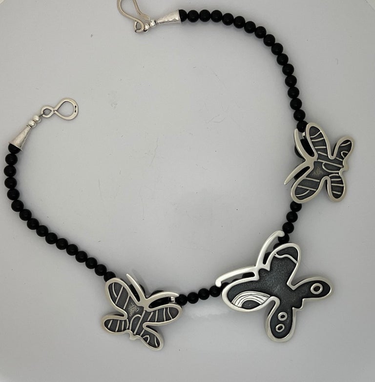 Bead Butterflies necklace designed by Melanie A. Yazzie, Navajo, silver, onxy beads For Sale