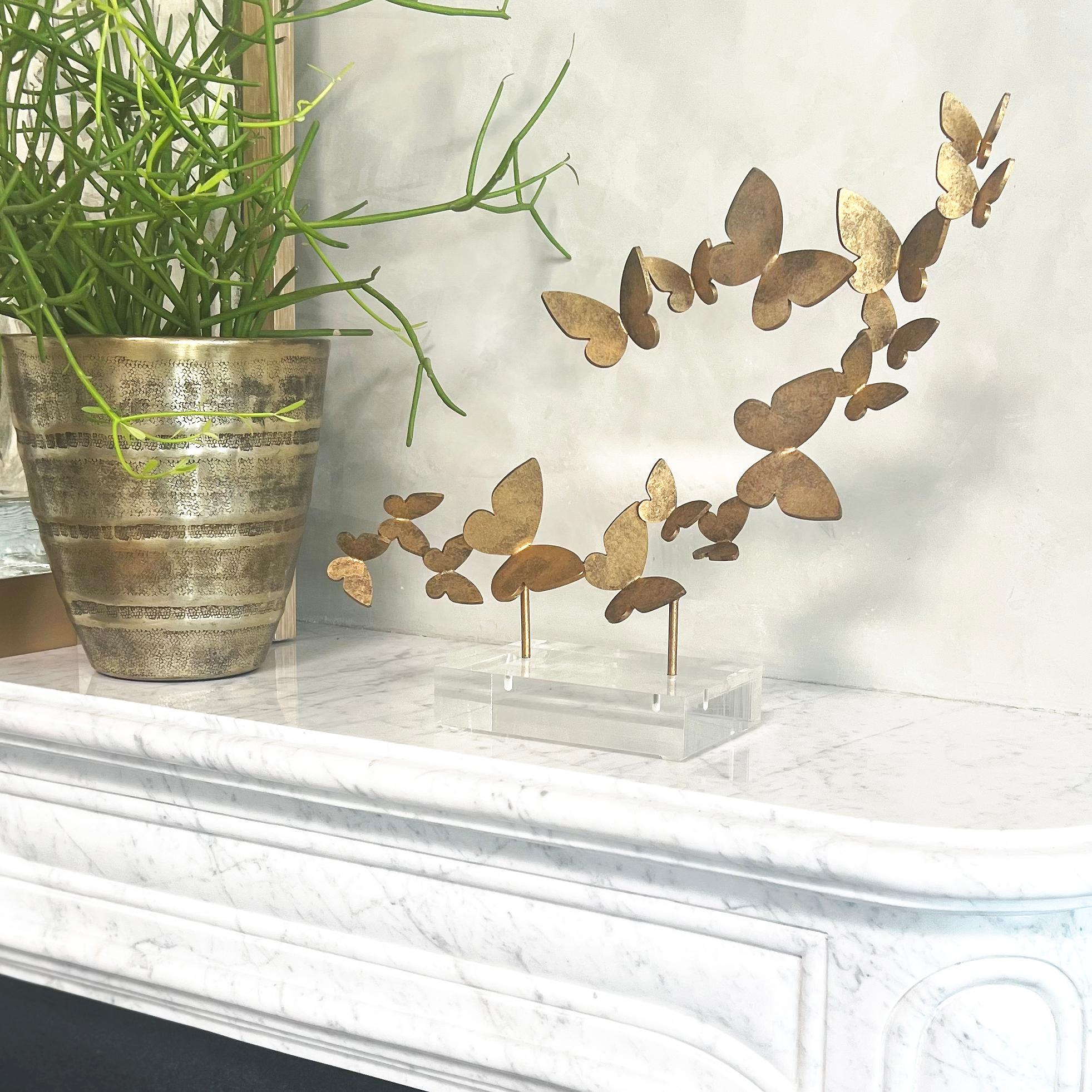 American Butterflies on Acrylic Tabletop Accessory in Aged Gold For Sale