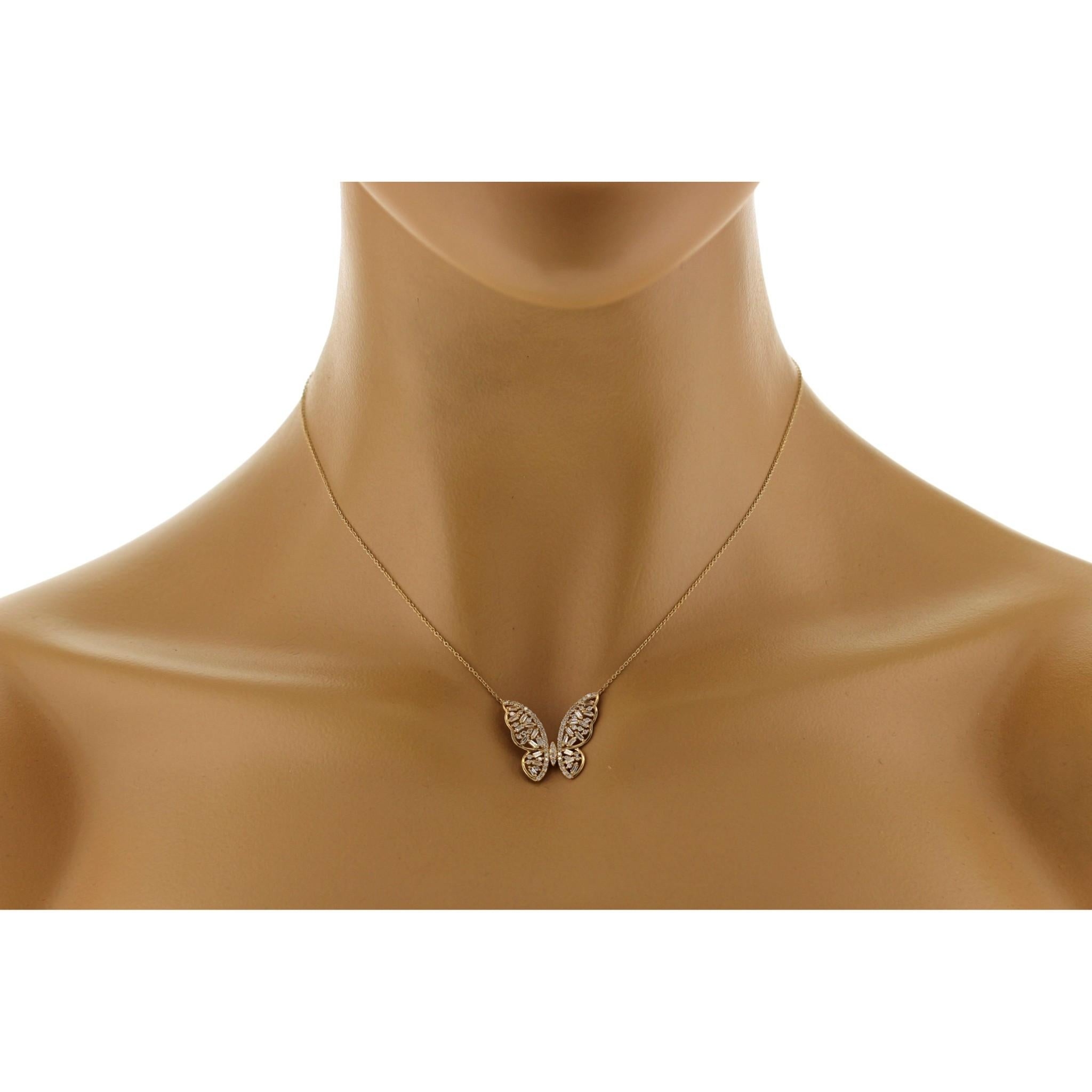 Collier Butterfly en or jaune 14K avec diamants baguettes et ronds de 0.65 CT Taille 16
