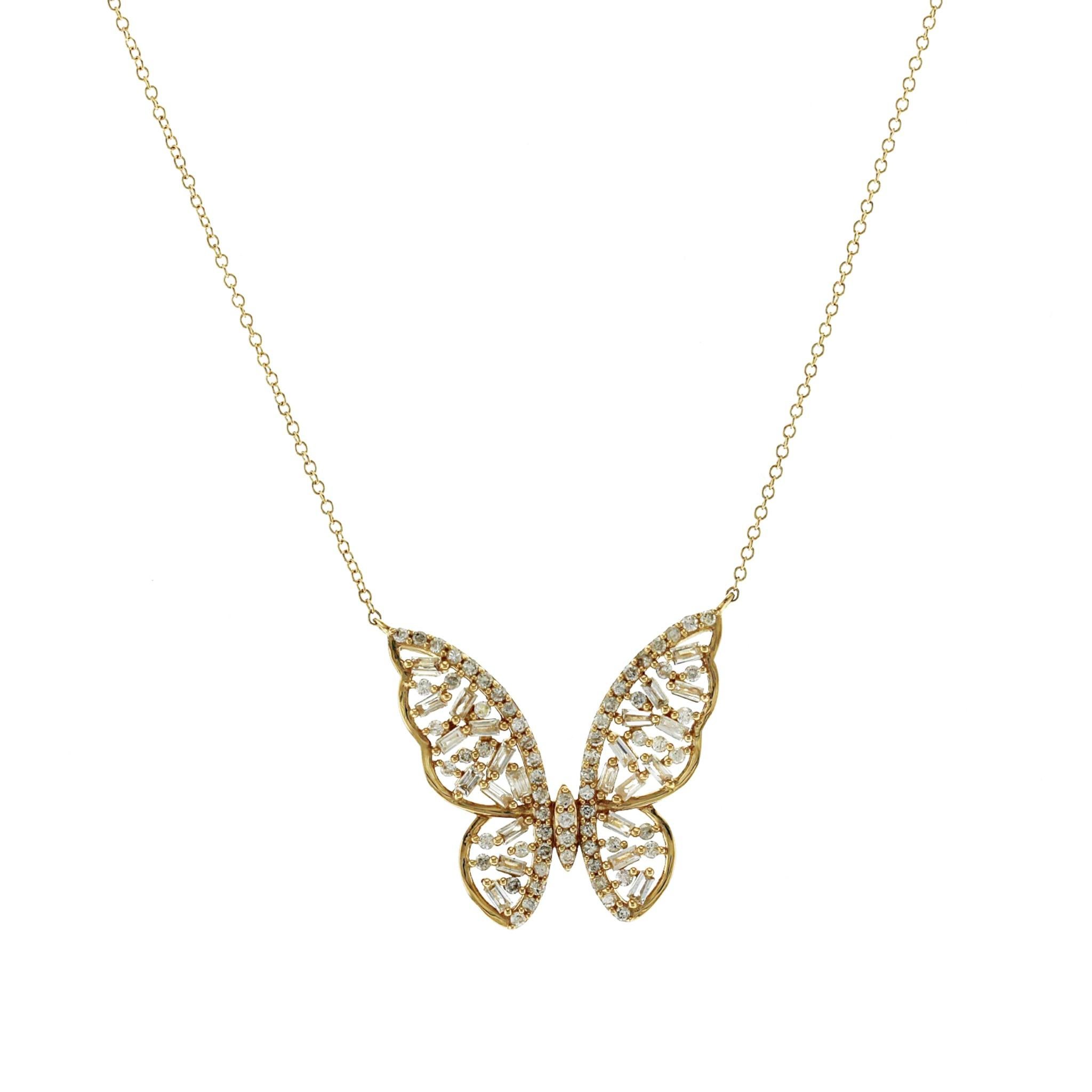Collier Butterfly en or jaune 14K avec diamants baguettes et ronds de 0.65 CT Taille 16
