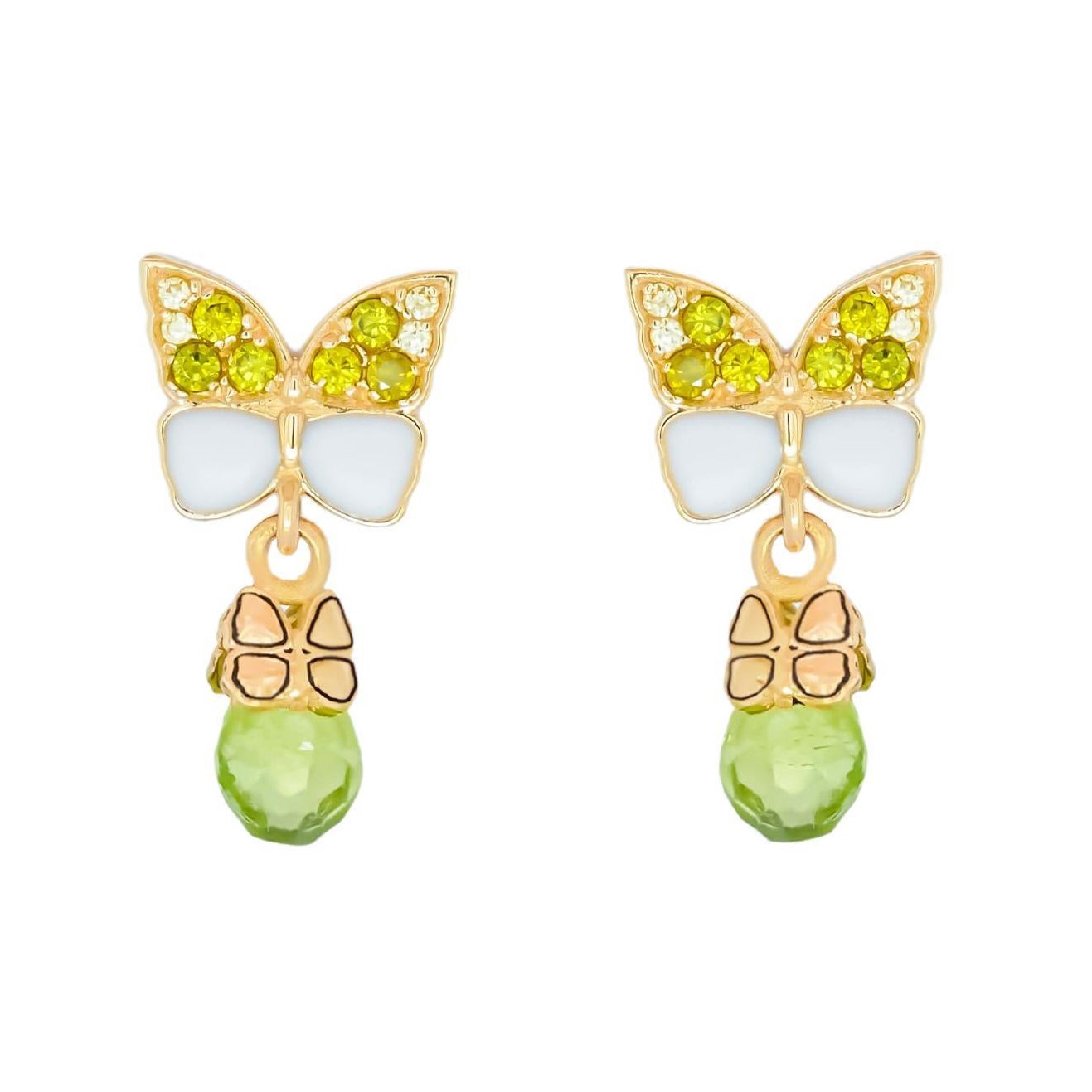 Schmetterling 14k  Goldohrringe aus Gold mit Peridot-Blumenohrringen