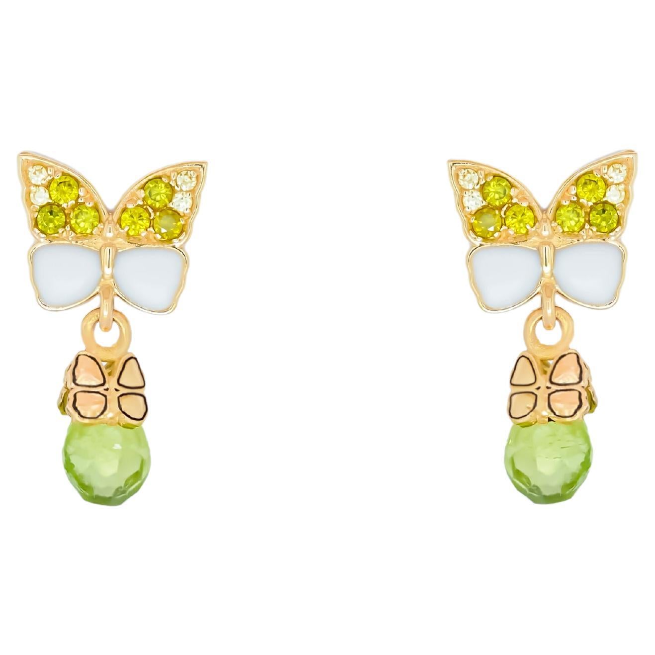 Butterfly 14k  gold earrings with peridot briolettes For Sale