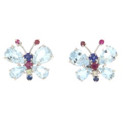 Butterfly 18 Karat White Gold Aquamarine Diamonds Stud Earrings