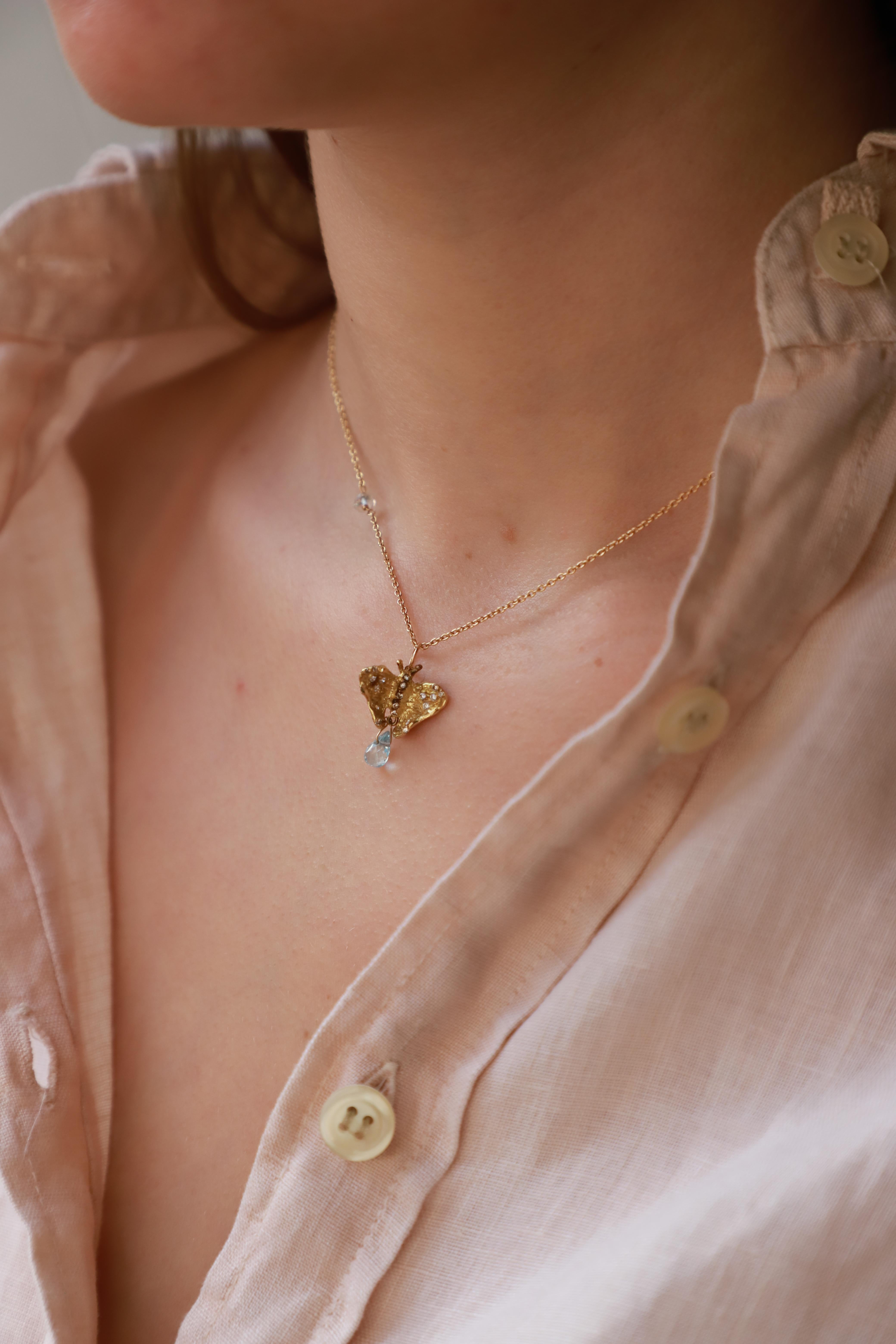 Women's Butterfly 18K Gold Aquamarine Diamonds Pendant Hoop Lucky Charme Earrings For Sale