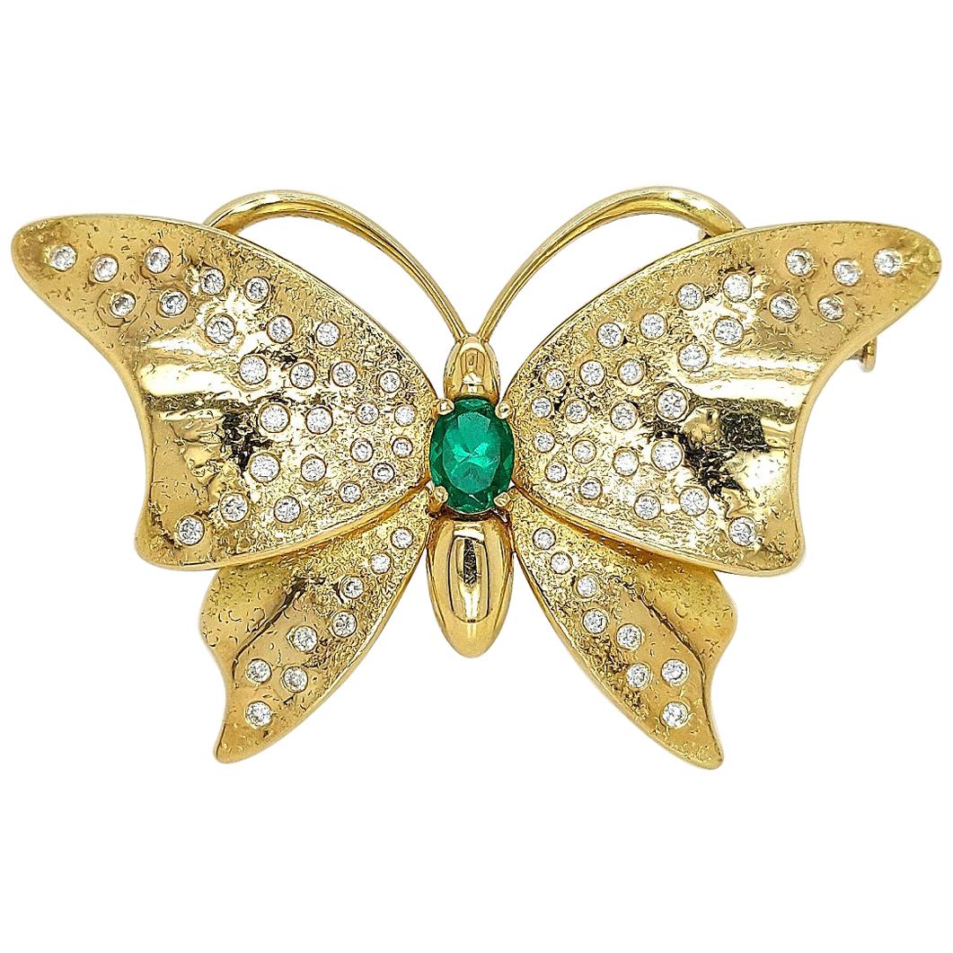 Butterfly 18 Karat Brooch / Necklace / Hanger Emerald Diamonds