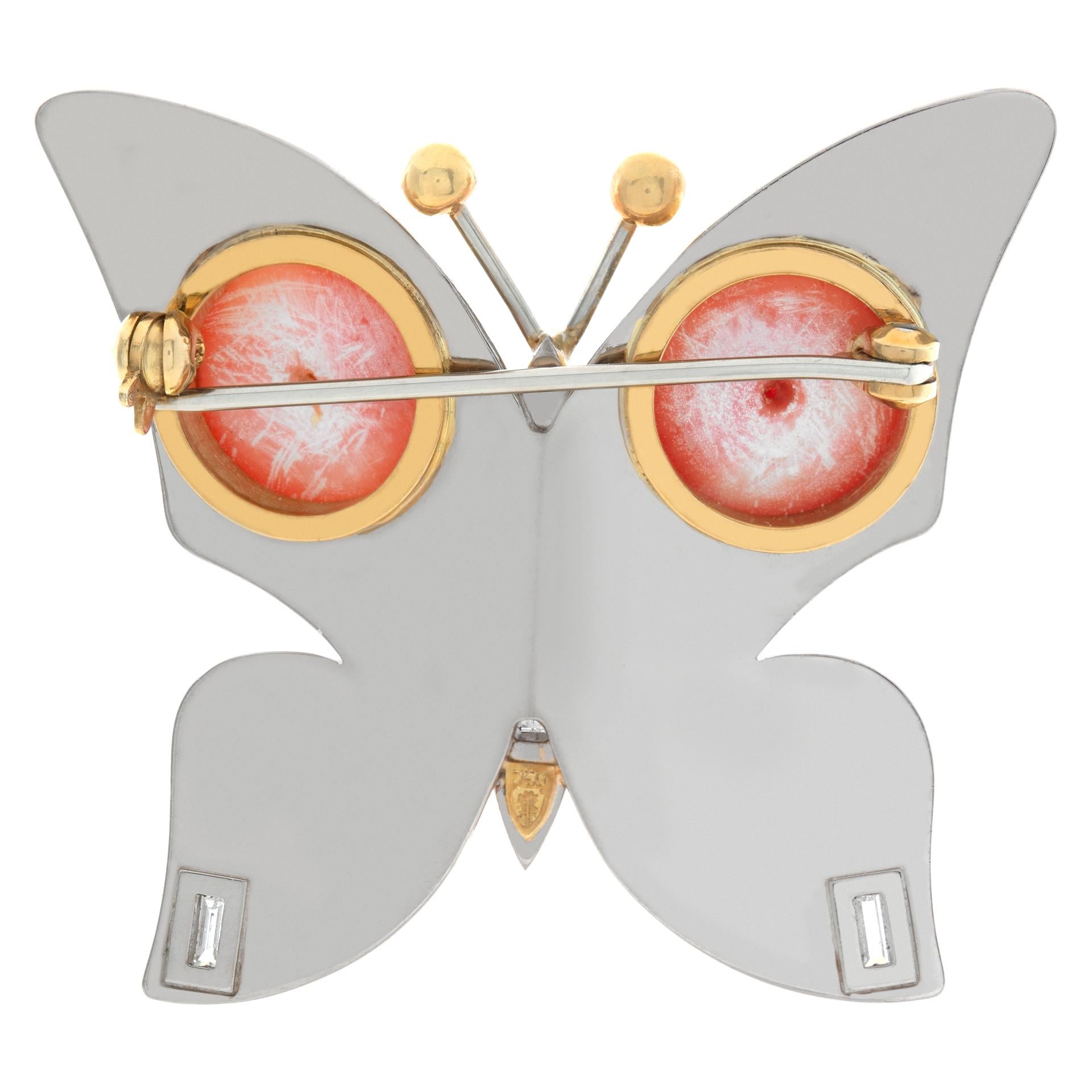 Butterfly 18k White And Yellow Gold Brooch With Cabochon Angel Skin In Excellent Condition For Sale In Surfside, FL