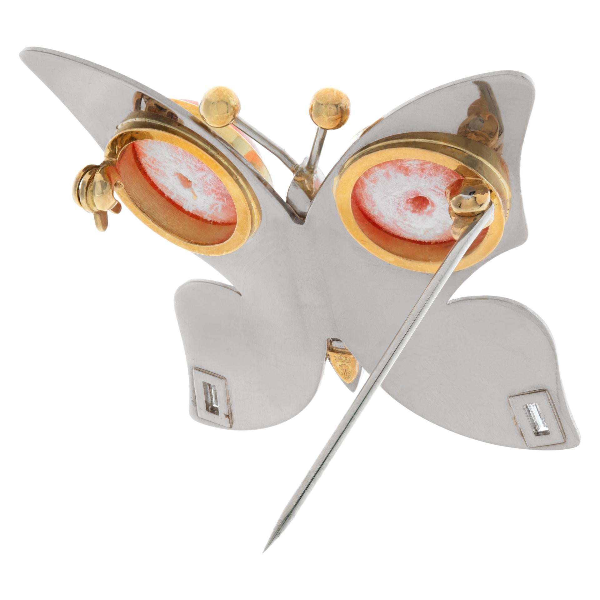 Women's or Men's Butterfly 18k White And Yellow Gold Brooch With Cabochon Angel Skin For Sale