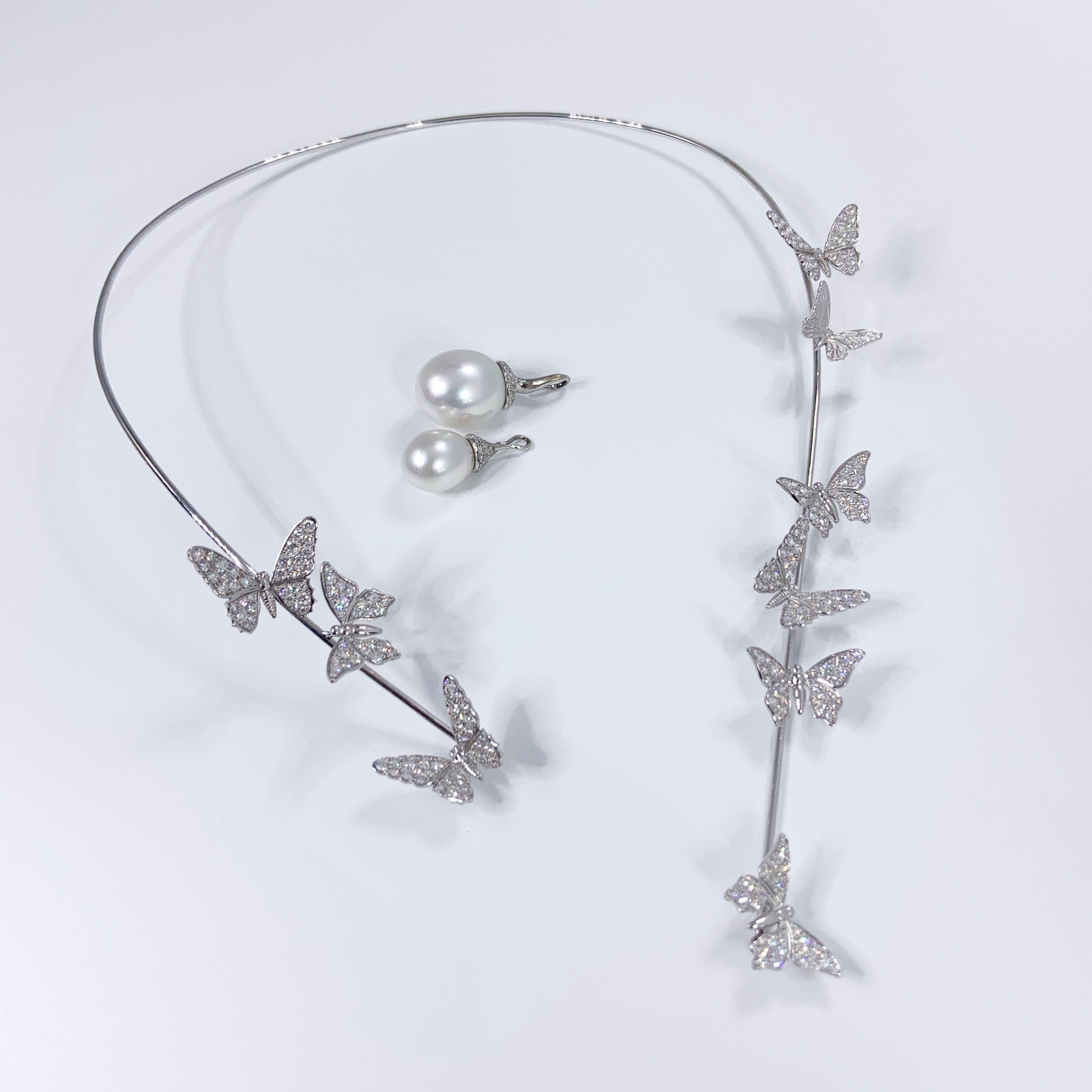 Brilliant Cut Butterfly 18K White Gold Open Necklace with Diamonds and Akoya Pearls by Édéenne For Sale