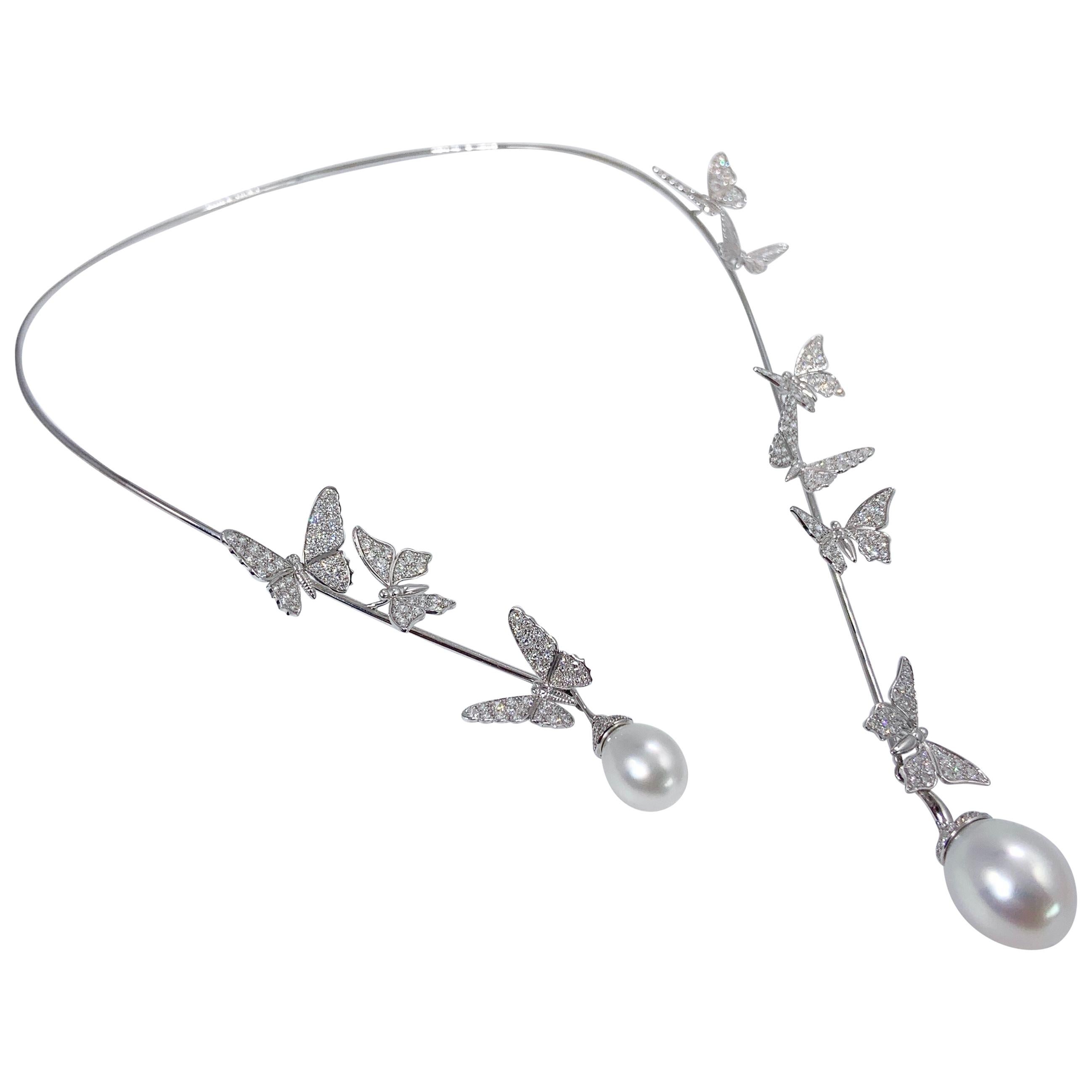 Butterfly 18K White Gold Open Necklace with Diamonds and Akoya Pearls by Édéenne For Sale