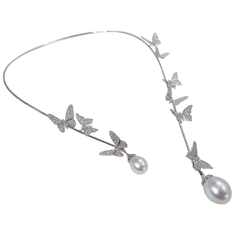 White Gold, Diamond and Akoya Pearl Open Butterfly Necklace