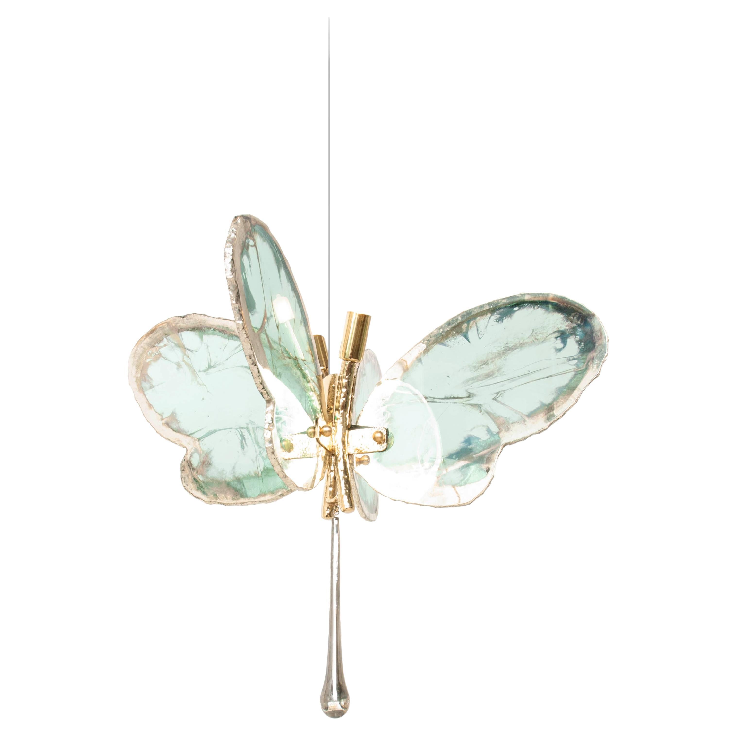 Lampada a sospensione contemporanea Butterfly 40, vetro artistico argentato, colore giada, ottone