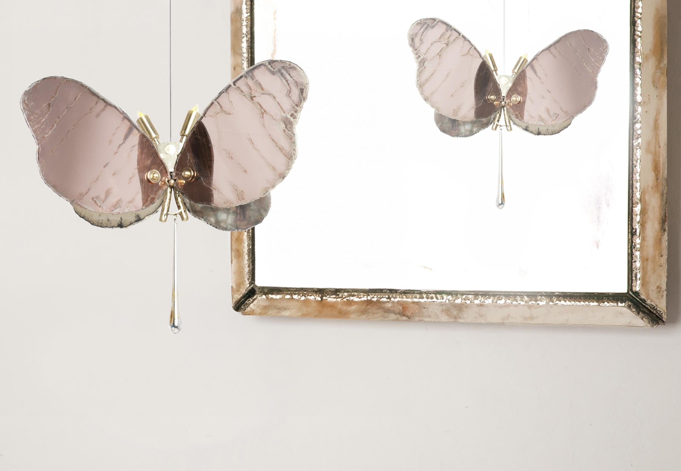 Modern Butterfly 40 contemporary pendant Lamp art glas Silvered, rose color, Brass   For Sale