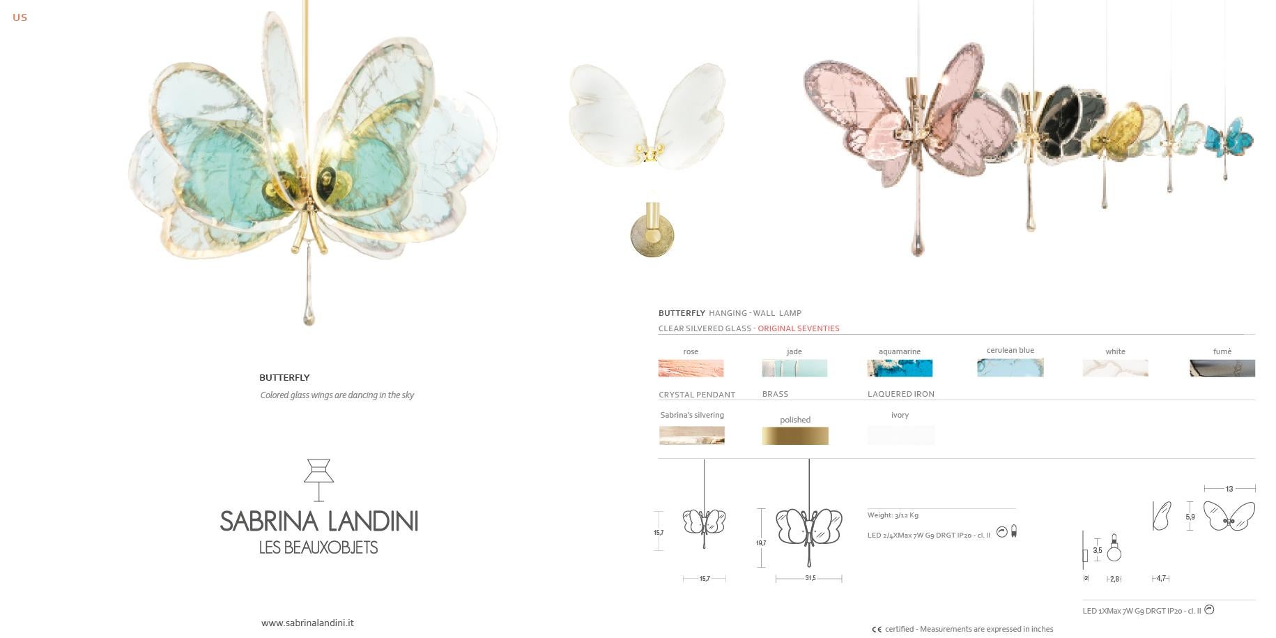 Lampada a sospensione contemporanea Butterfly 40 art glas Argentato, colore bianco, ottone in vendita 5