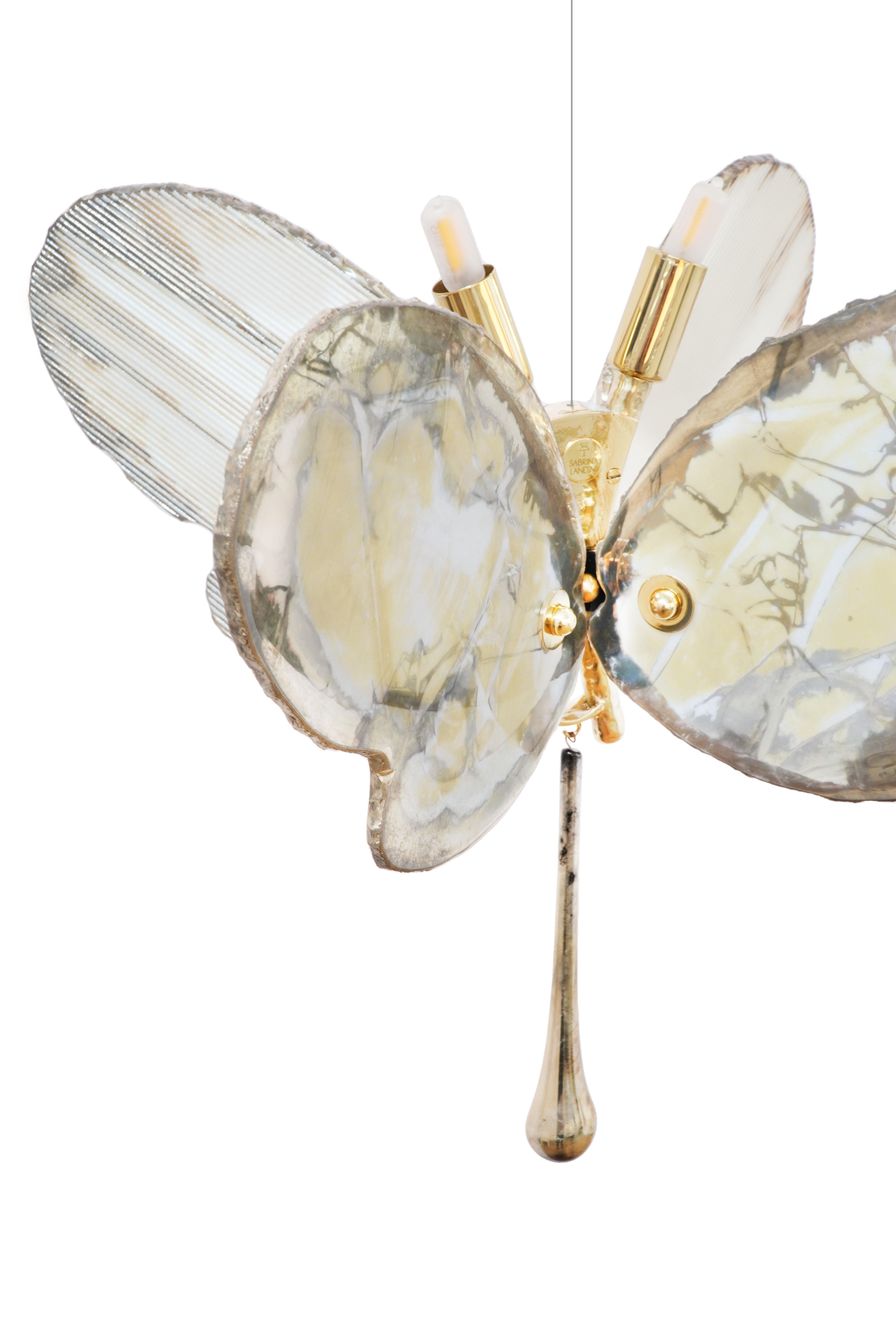Italian  Butterfly 40 contemporary pendant Lamp art glas Silvered, white color, Brass    For Sale