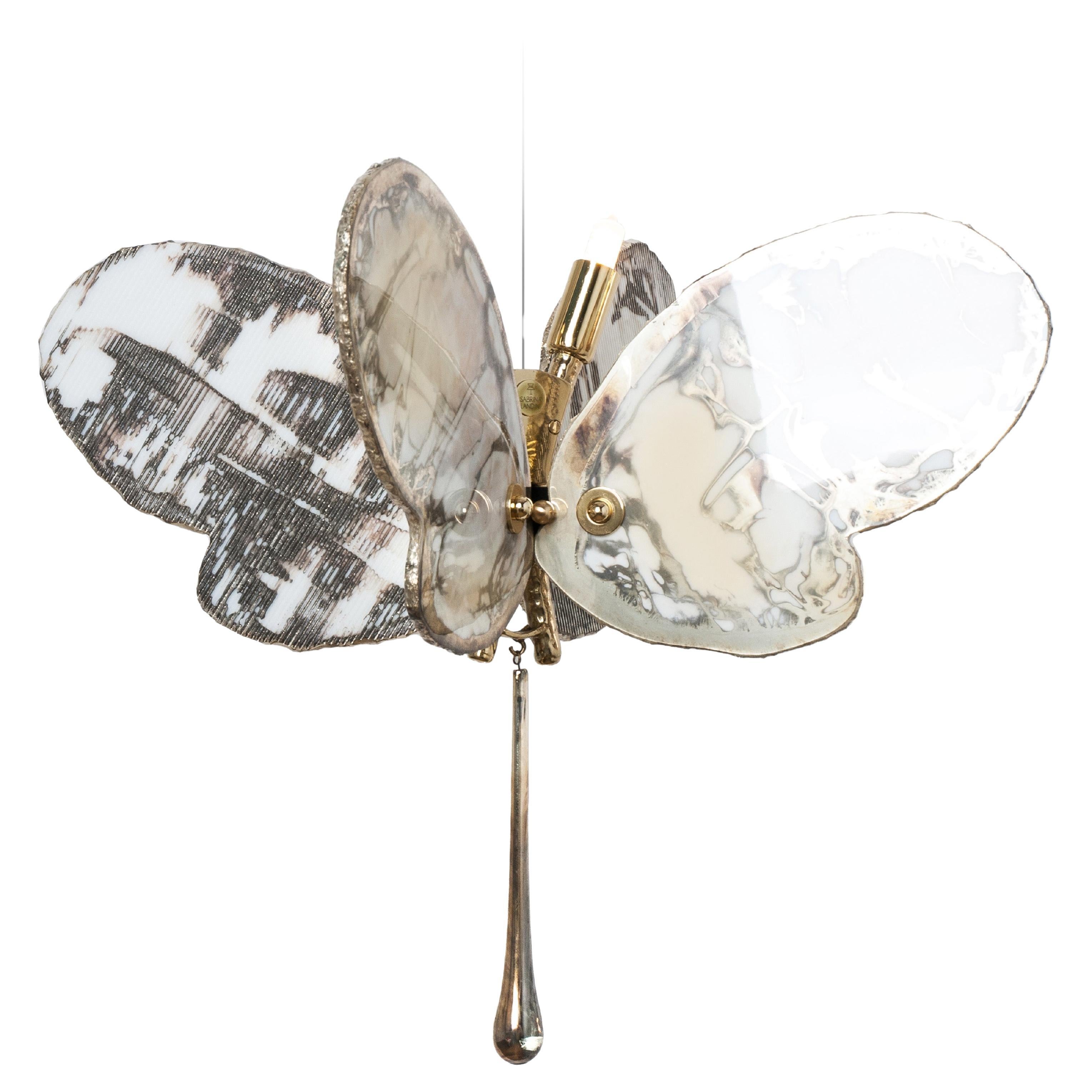  Lampe à suspension contemporaine papillon 40 en verre d'art argenté, couleur blanche, laiton    en vente