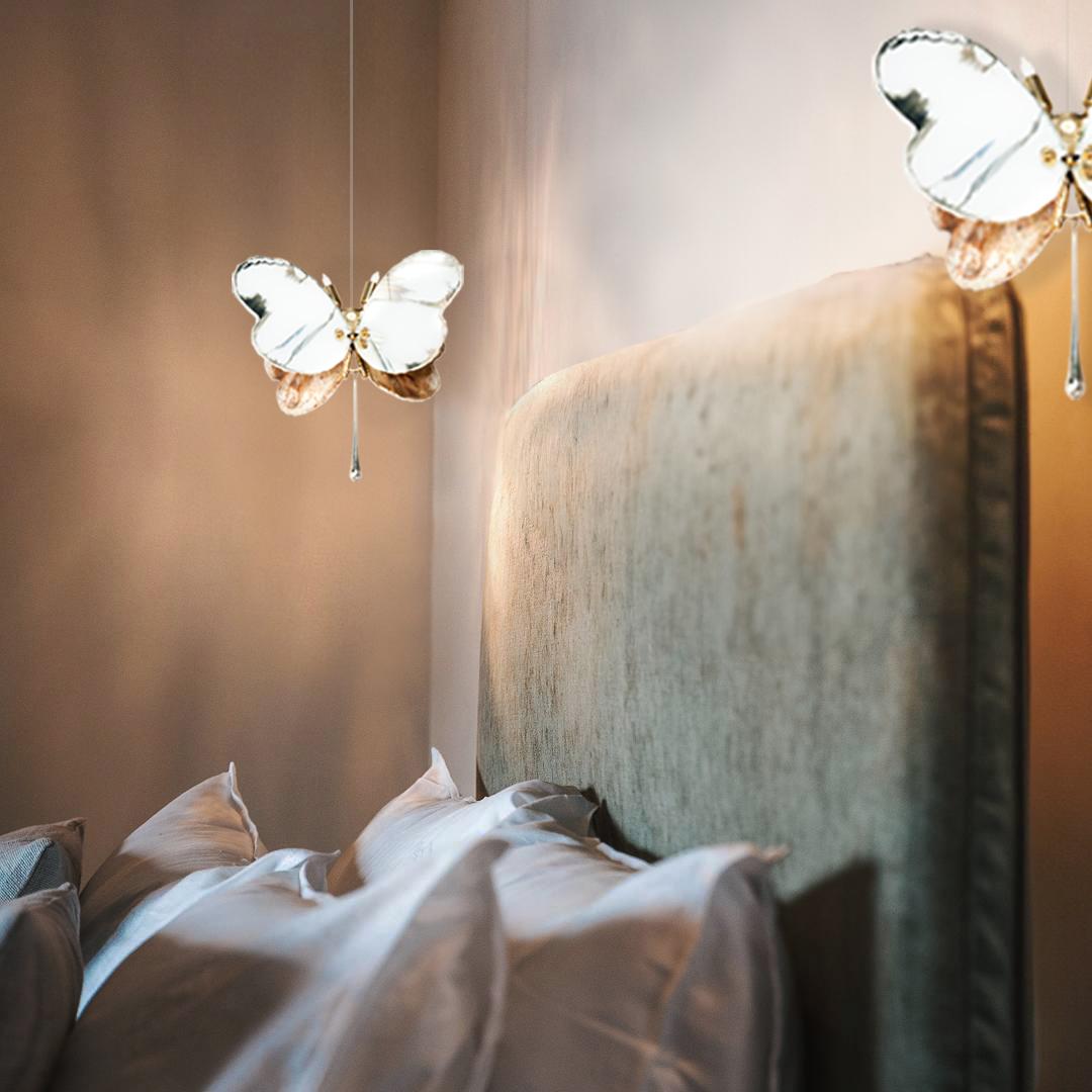 Contemporary Butterfly 40 contemporary pendant Lamp, art Silvered Glass, white color, Brass For Sale