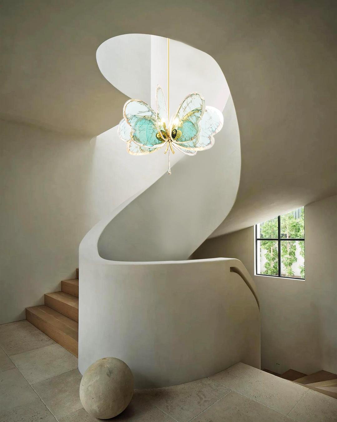 Contemporary  Butterfly 8 wings, Chandelier, art Silvered Glass, jade color, melted Brass  For Sale