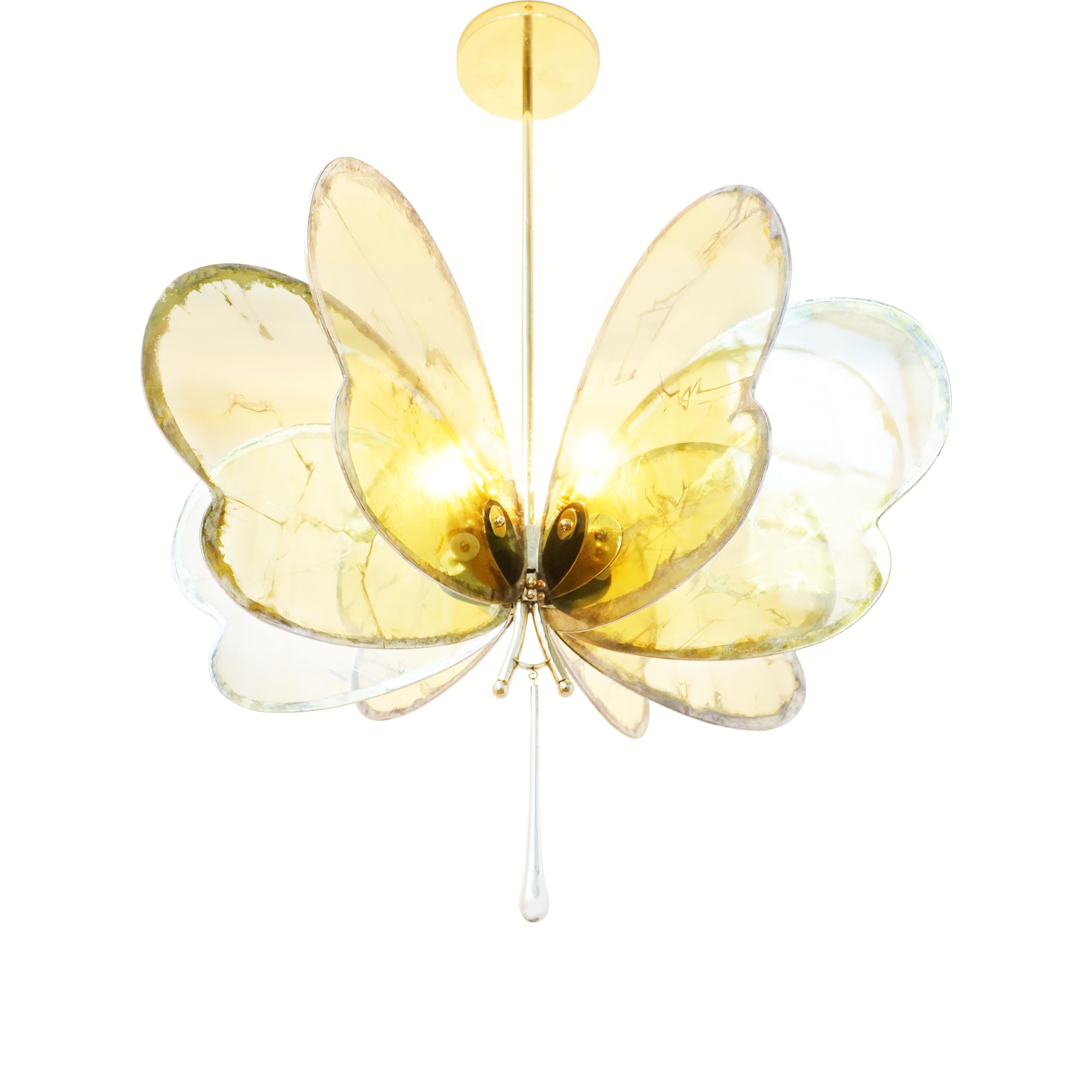 Modern Butterfly flush mount, pendant lamp, art Silvered Glass Sun, melted Brass Body For Sale